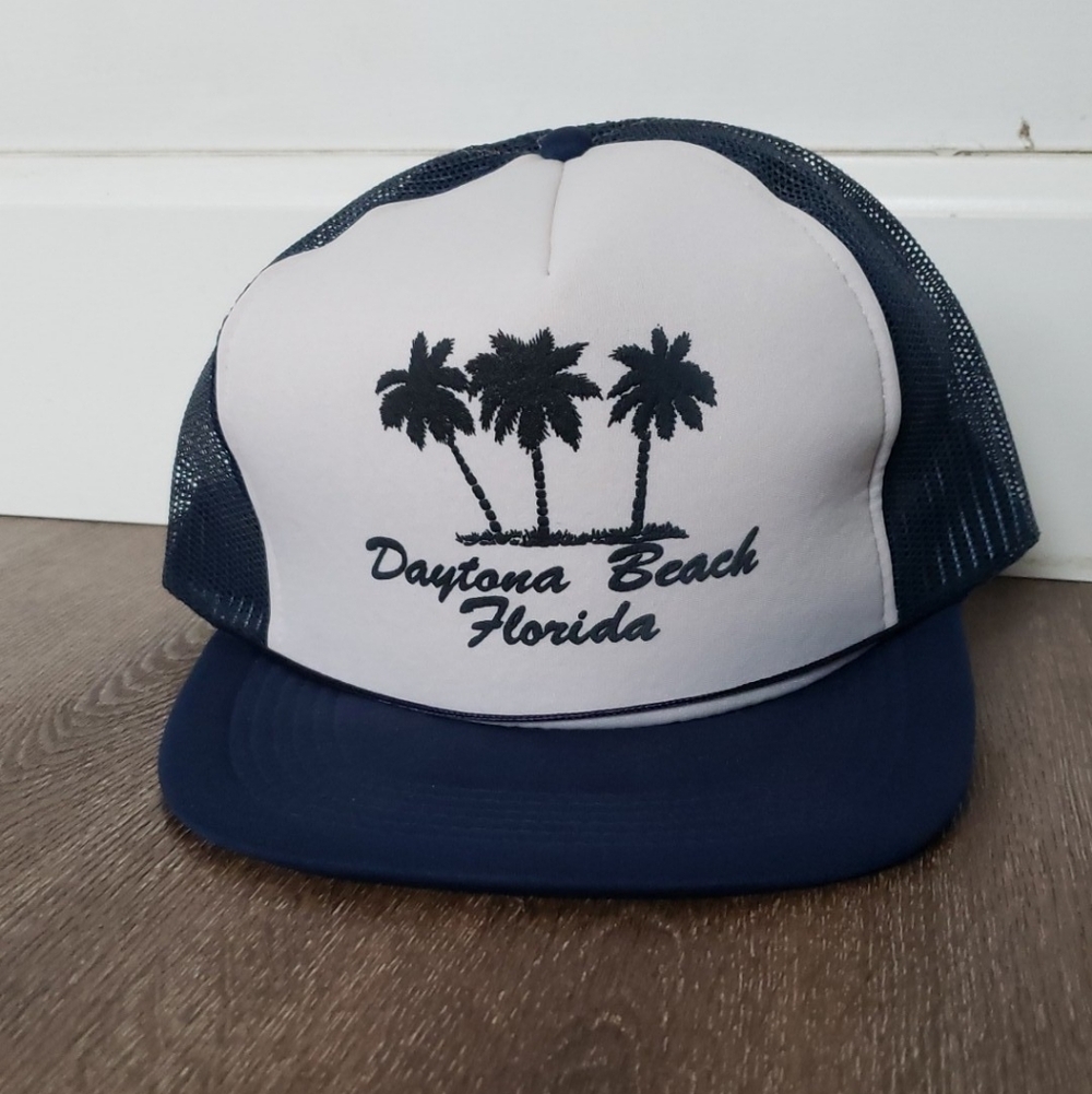 Vintage Retro Daytona Beach Florida Snap Back Trucker Hat Cap Navy White unisex